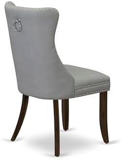 East West Furniture DAP8F27 Dallas Parsons Dining Chairs - Button Tufted Nailhead Light Gray Faux Leather Upholstered Chairs, Set of 2, Antique Walnut