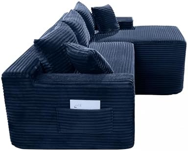Blue Oversized Sectional Boneless Couch for Living Room. Right Face Chaise