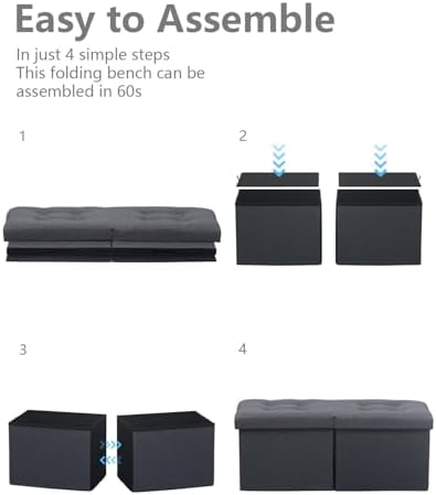 AmasSmile Storage Bench Folding Ottoman Foot Rest Stool, 34 inch Grey Linen Footstool, Short Ottoman Bench, Foot Rest Store as Books, and Blanket Storage or Others