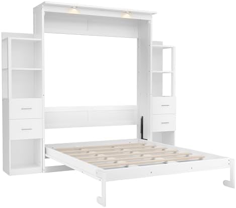 PVWIIK Queen Size Murphy Bed, Vertical Wall Bed Frame with 4 Drawers, LED Light, Shelf & Foldable Platform, White for Small Space Bedroom Guest Room