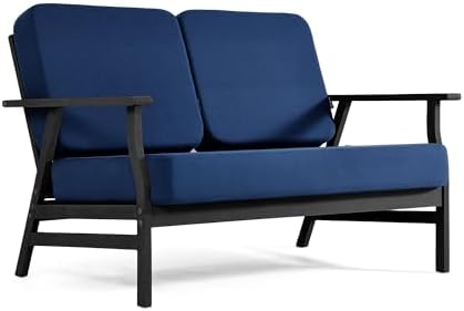 Pia Ricoo Outdoor Premium Teak Wood Loveseat with Armrests, All‑Weather Outdoor Furniture for Backyard, Deck, Lawn, Navy/Dark