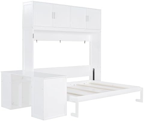 MERITLINE Queen Horizontal Murphy Bed with Desk and Storage Bookcase Shelves,Pine Wood Murphy Wall Bed with Storage Shelves and Desk,for Adults (White)
