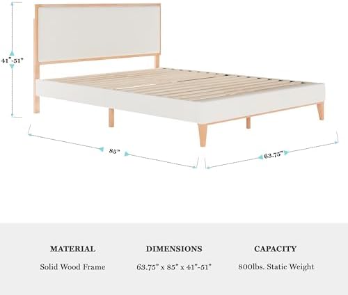 Martha Stewart Flynn Queen Solid Wood Platform Bed, Light Beech/Snow