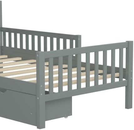 Bellemave Kids Twin Bed Frame with Fences and 2 Drawers, Twin Size Wooden Platform Bed with Guardrails on Both Sides for Boys Girls, Grey