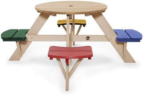 Plum® Kids Picnic Table - Wooden Toddler Table and Chairs Set, Outdoor Furniture for Patio, Garden, Backyard Dining & Activity, 4 Built-in Benches, Sturdy, Durable, Weatherproof, Ages 3+, Natural