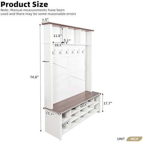 Merax Farmhouse Wood Hall Tree with 6 Hooks and Entryway Shoe Bench, White