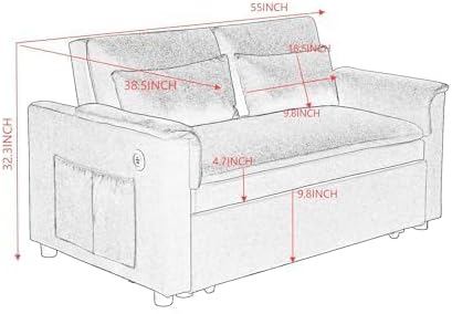 Sofa Bed, Pull Out Couch with Side Pockets, 3 in 1 Velvet Loveseat Sleeper Sofas Beds with USB Ports, Sofa Bed Couch with Adjustable Backrest for Living Room, Bedroom, Apartment, Orange