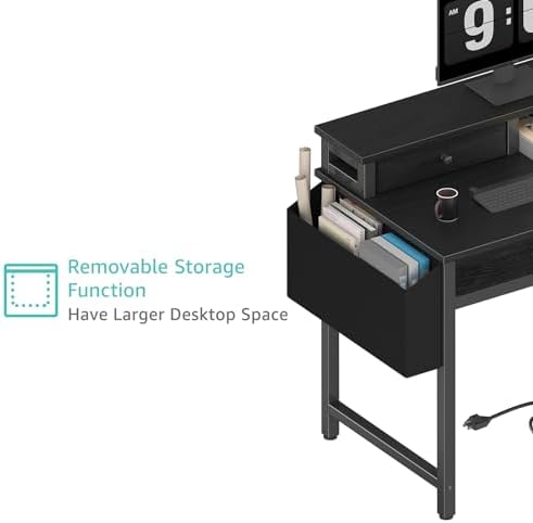 Lufeiya Small Desk with Drawers for Home Office Bedroom, 31 inch Black Writing Study Desks with Fabric Drawers Storage, Gaming Desk Table with Power Outlet & Monitor Stand, Black