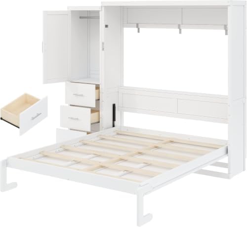 MERITLINE Queen Murphy Bed with Storage Drawers and Wardrobe,Solid Wood Farmhouse Horizontal Murphy Wall Bed Cabinet with Drawers for Bedroom Office Guest Room, Foldable