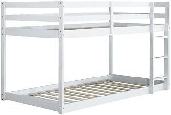 Low Bunk Bed Twin Over Twin with Ladder and Safety Guardrails, Wood Twin Size Floor Bunk Beds for Teens, No Box Spring Needed, White
