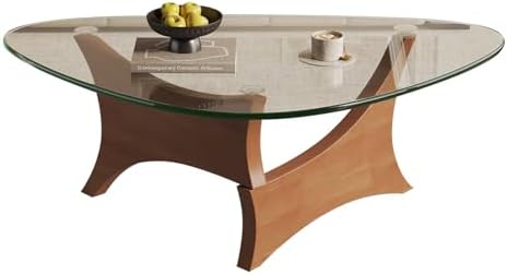 Modern Glass Coffee Table for Living Room, Mid Century Modern Triangle Coffee Table with Tempered Glass Top & Solid Wood Base, Small Center Table for Apartment(Walnut/Transparent,Large)