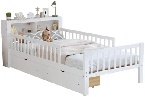 Bellemave Kids Twin Bed Frame with Fences, 2 Drawers & Storage Headboard, Twin Size Platform Bed with 3-Side Guardrails for Kids, Girls & Boys, White