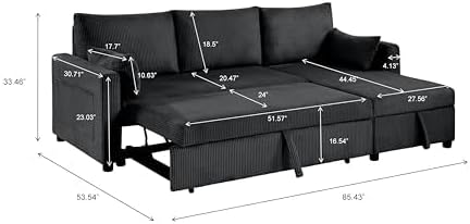 Queen Sleeper Sofa, Convertible Sofa Bed with Storage, 85 Inch Sectional Couch with Pull Out Bed, L Shaped 3 Seat Sectional Sleeper Sofa for Living Room, Apartment, Black