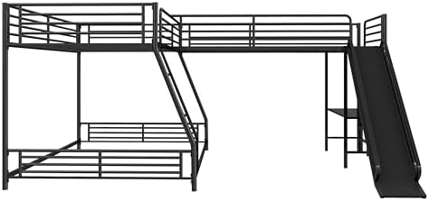 L-Shaped Twin Over Full Bunk Bed with Twin Size Loft Bed,Built-in Desk and Slide,Black