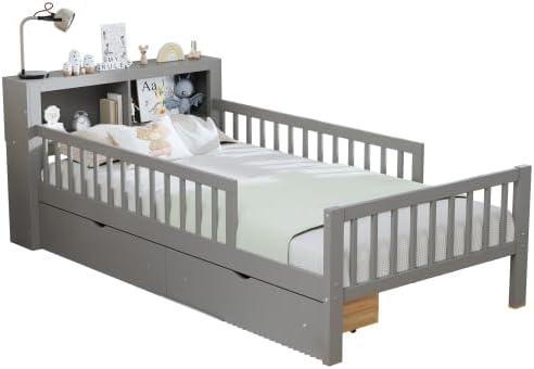 Bellemave Kids Twin Bed Frame with Fences, 2 Drawers & Storage Headboard, Twin Size Platform Bed with 3-Side Guardrails for Kids, Girls & Boys, Gray