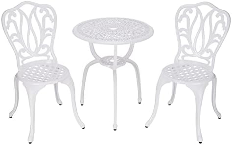3 Piece Bistro Set,Outdoor Patio Set,Anti-Rust Cast Aluminum Bistro Table Set for Park Yard Front Porch Furniture(New White)…