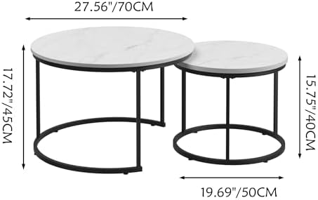 27.6" Round Nesting Coffee Table Set of 2, White & Black Marble