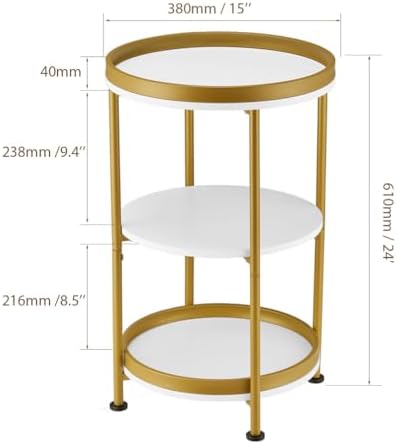 Dulcii Round Side Table with Storage Tray for Living Room, 15" L x 15" W x 24" H Bedroom Nightstand 3 Tiers Bedside Table with Steel Frame for Small Spaces (White & Gold)