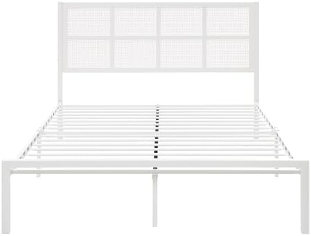 Lexicon Metal Bed Frame with Rattan Headboard, Platform Bed with Strong Metal Slat Support Under Bed Storage, Boho Faux Cane Bed, Mattress Foundation No Box Spring Needed, Queen Bed, White