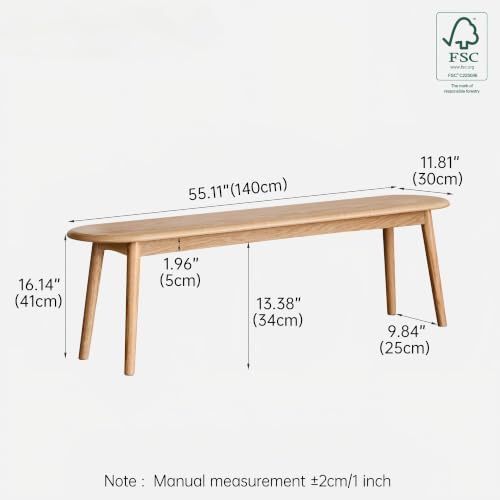 Solid Oak Dining Bench, 55.1 Inch Wood Bench for Dining Room