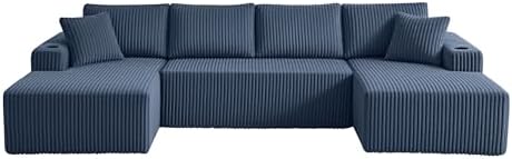 ivoros 124" Cloud Boneless Couch, Oversized Sectional Couches for Living Room, Modern Modular Couch with Cup Holders, Blue Comfy Corduroy U Shape Sofa Couch for Apartment