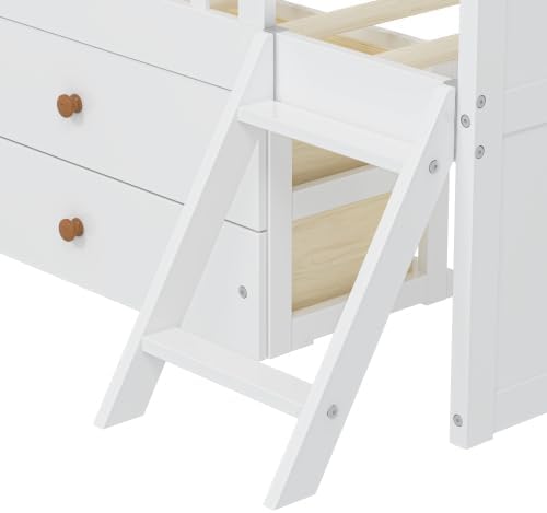 Bellemave Kids Twin Platform Bed with 4 Drawers & Storage Headboard, Wooden Twin Bed Frame with Safety Guardrails & Ladder for Kids Girls Boys, White