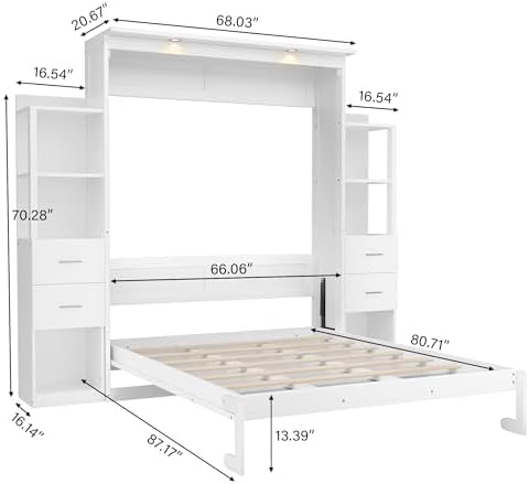 PVWIIK Queen Size Murphy Bed, Vertical Wall Bed Frame with 4 Drawers, LED Light, Shelf & Foldable Platform, White for Small Space Bedroom Guest Room