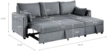 Sectional Sleeper Sofa with Pull Out Bed, LShape Convertible Sofa Bed Couch with Storage Chaise, 3 in 1 Pull Out Sofa Bed with 3 Seats, for Living Room,Apartment, Gray, 85Inch