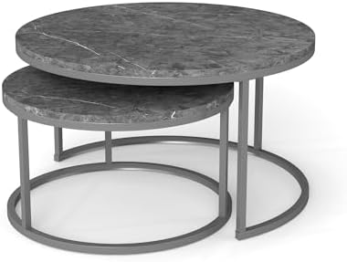 Nesting Coffee Table Set of 2, 31.5" Round Coffee Table Wooden Marble Pattern Accent Furniture, Industrial End Table for Living Room Bedroom Balcony (Gray/Gray)
