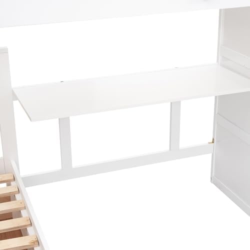 Twin-Twin Over Full L-Shaped Bunk Bed with 3 Drawers, Portable Desk and Wardrobe, Wood Bunk Bed with Loft Bed Attached for 3 Kids,No Box Spring Needed (White+Wardrobe/M, Twin-Twin Over Full)