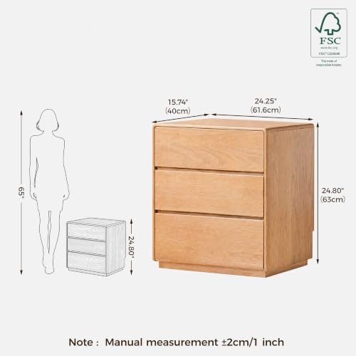 Solid Wood 3-Drawer Nightstand for Bedroom, Oak Wood