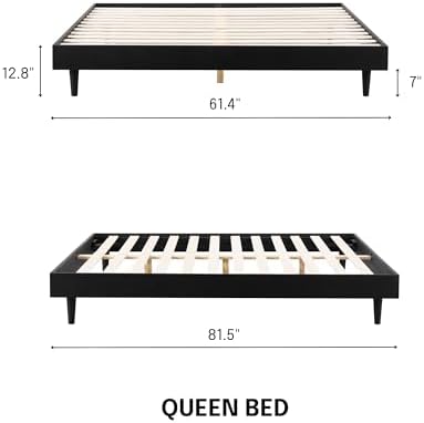 Fly Wooden Bed Frame Without Headboard, Solid Oak and Rubber Wood Foundation with Silent Slats and Wood Central Supports, 1000 Lb Capacity, Effortless Assembly, Queen - Burnt Black