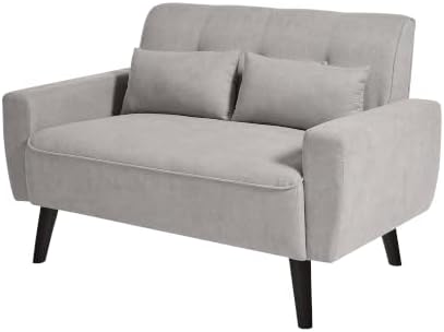 48" Small Loveseat Sofa, Mid Century Modern Love Seat Couch, 2 Seat Tufted Couches with Throw Pillows for Living Room, Apartment, Bedroom and Small Spaces, Light Grey