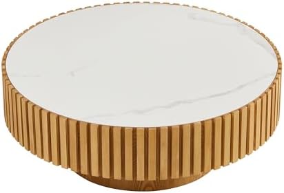 35.43'' Round Coffee Table with Faux Marble Tabletop, Modern Drum Center Coffee Tables Luxury Circle Coffee Table for Bedroom,Apartment,Living Room-Natural