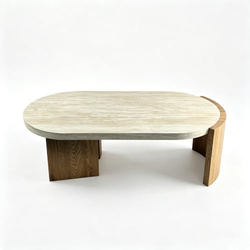 48.42" Oval Faux Travertine Coffee Table Walnut Marble