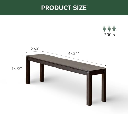 47.2'' 100% Solid Wood Dining Bench, Oak Wood Long Bench for Dining Table, End of Bed, Entryway, Hallway, Sofa Back, Suqare Bench for Dining Room Kitchen Bedroom Living Room, Black