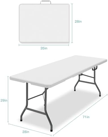 6FT Portable Folding Table, White Square Card Table with Carrying Handle & No Assembly, Slim Folding Table Built in Steel Legs Ideal for Picnic, RV Travel, Parties, Outdoor and Indoor Use