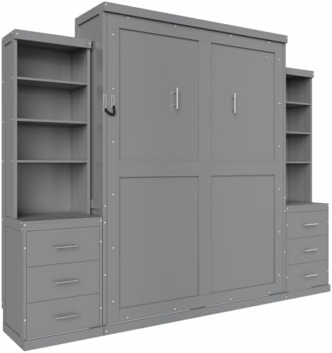 Queen Murphy Bed with Storage Shelves and Drawers, Solid Wood Foldable Hidden Vertical Murphy Wall Bed with Storage Bookcase for Adults, Library,Guest Room,Bedroom,Office,Space-Saving (Queen,Grey)