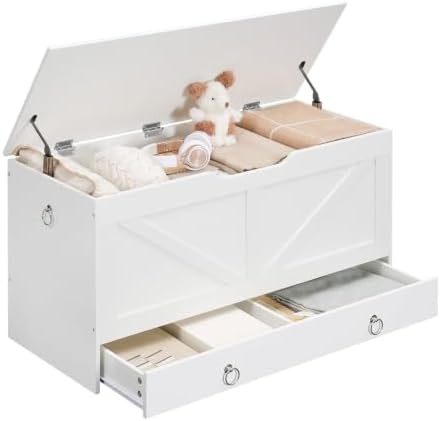 HOOBRO Storage Chest, 39.3" Toy Chest with Drawer, Wooden Storage Bench, Sturdy Entryway Bench Supports 330 lb, Shoe Bench, Safety Hinge, U-Shaped Opening, Easy Assembly, White WT710CW01G2