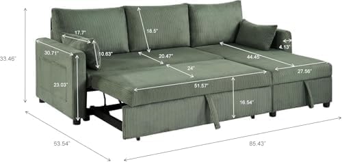 Queen Sleeper Sofa, Convertible Sofa Bed with Storage, 85 Inch Sectional Couch with Pull Out Bed, L Shaped 3 Seat Sectional Sleeper Sofa for Living Room, Apartment, Green
