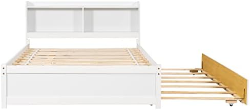 Bellemave Full Size Bed Frame with Trundle Bed and Bookcase, White