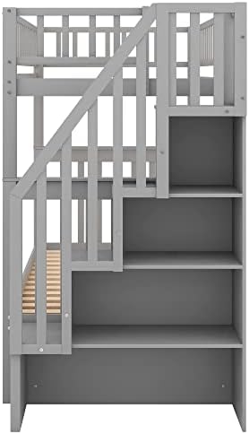 Twin Over Twin Bunk Beds with Staircase and Trundle Bed, No Box Spring Needed for Teens, Boys or Girls