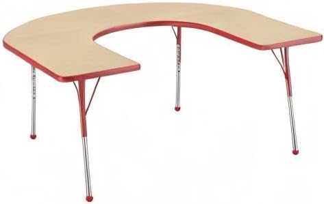 FDP Horseshoe Activity School and Office Table (60 x 66 inch), Standard Legs with Ball Glides for Collaborative Seating Environments, Adjustable Height 19-30 inches - Maple Top and Red Edge