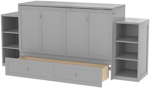 Bellemave Queen Murphy Bed, Cabinet Bed with 2 Shelves and Storage Drawers, Farmhouse Murphy Cabinet, Light Gray