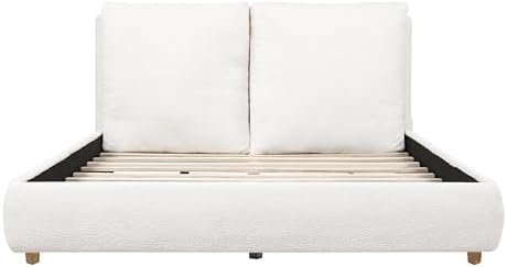 Merax Queen Boucle Upholstered Bed, 2 Removable Headboard Pillows, White