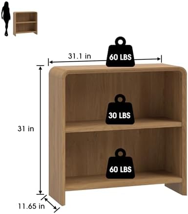 31" Bookcase Tall 2 Shelves Wood Bookshelf with Curved Soft Edges, Heavy Duty Storage Cabinet for Professional Home Office and Living Room, Modern Natural Oak Grain Finish