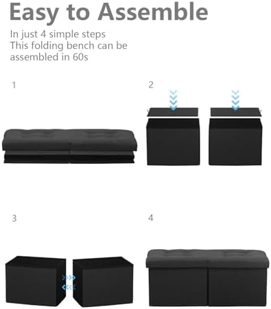 AmasSmile Storage Bench Folding Ottoman Foot Rest Stool, 34 inch Black Linen Footstool, Short Ottoman Bench, Foot Rest Store as Books, and Blanket Storage or Others
