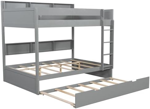 Wood Bunk Bed Full Over Full Size with Built-in Storage Shelves, Versatile Bunk Bed Frame with Ladder and Trundle Bed for Kids Teens Adults, Maximize Space (Gray-2.10)