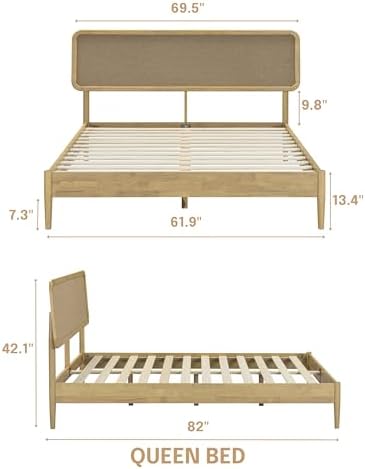 Lupin Wooden Bed Frame with Headboard, Solid Oak and Rubber Wood Foundation with Silent Slats and Wood Central Supports, 1000 Lb Capacity, Queen - Sand