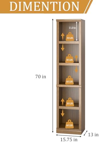 blini 5-Shelf Narrow Bookcase Wooden Tall Bookshelves Floor Standing Display Storage Shelves Vintage Oak Bookcase for Home Office, Living Room, Bed Room